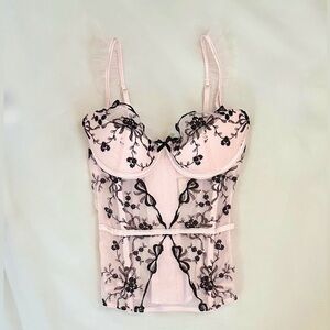 Victoria’s Secret Baby pink coquette corset top with black floral embroidery